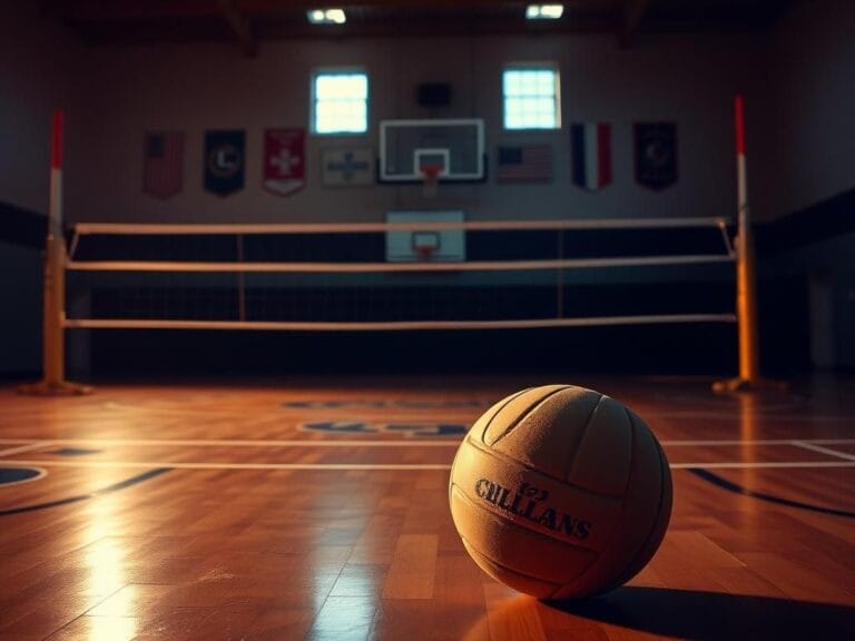 Flick International Empty high school volleyball court under evening lighting with a worn volleyball on the floor
