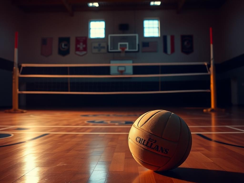 Flick International Empty high school volleyball court under evening lighting with a worn volleyball on the floor