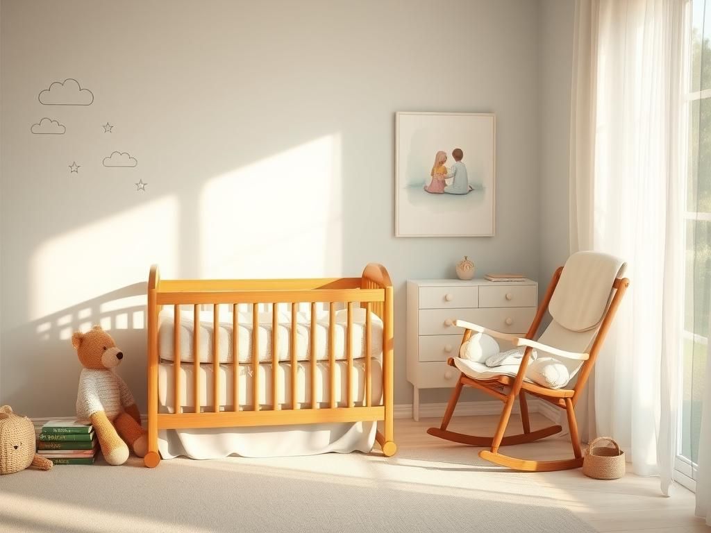 Flick International Serene nursery scene with a handcrafted wooden crib and plush stuffed animal