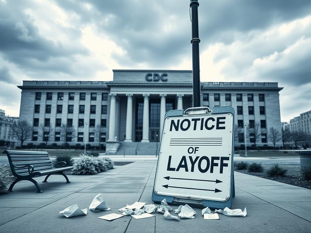 Flick International Exterior view of the CDC building with a 'Notice of Layoff' sign