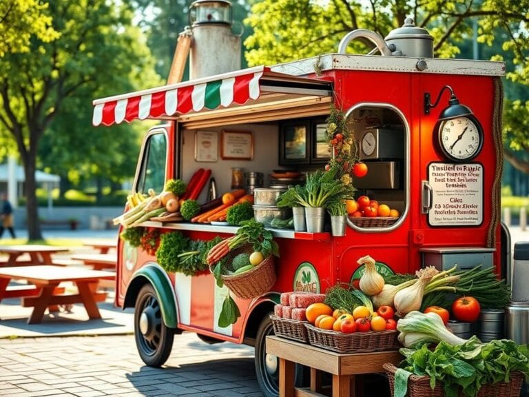 Flick International A vibrant Italian food truck in a sunny park setting, showcasing fresh ingredients and a clean cooking area.
