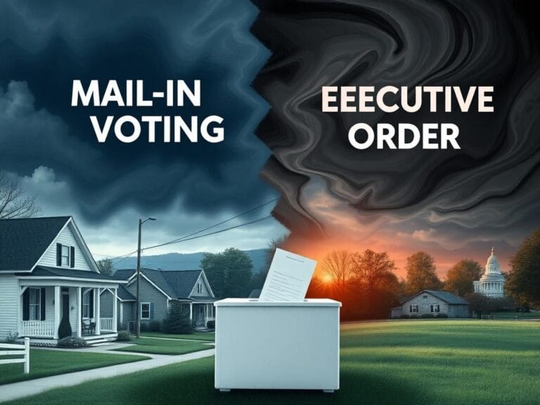 Flick International A split view of Pennsylvania landscape contrasting serene small-town scene and chaotic political backdrop.