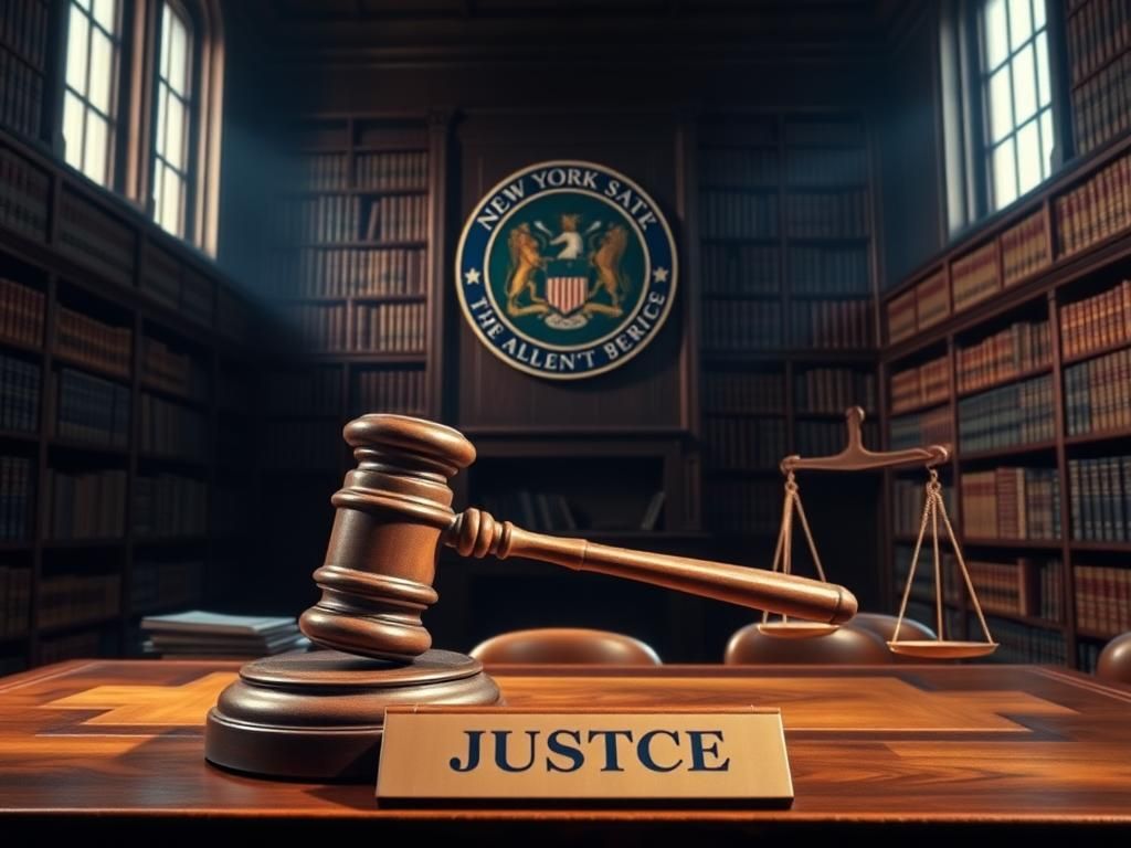 Flick International A powerful courtroom with a large gavel on a desk and shelves of legal books in the background