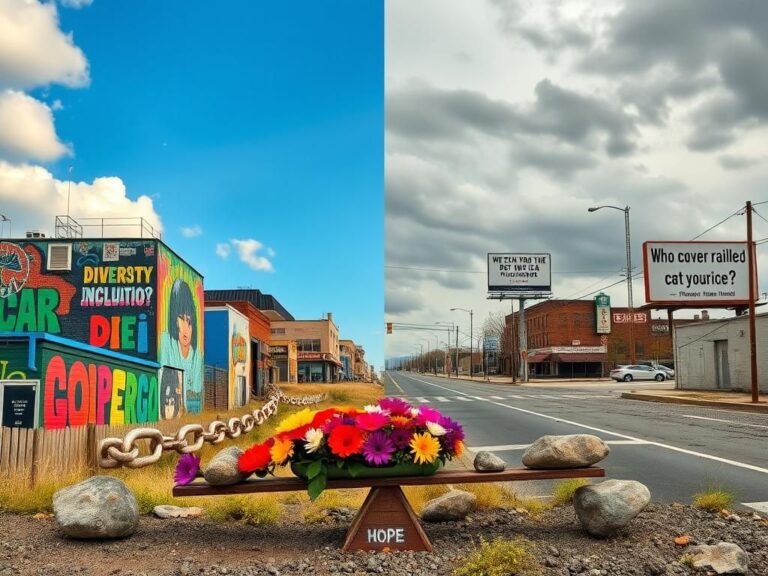 Flick International A contrasting landscape illustrating perceptions of discrimination, featuring a vibrant urban scene and a desolate street.