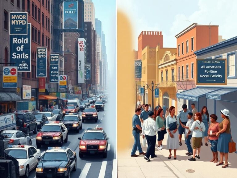 Flick International A split scene showing a chaotic NYC street with police vehicles and a serene community area with mental health professionals.