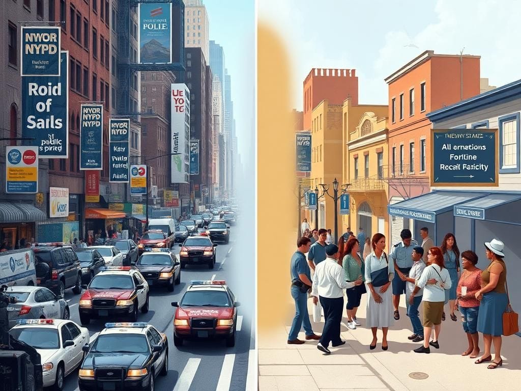 Flick International A split scene showing a chaotic NYC street with police vehicles and a serene community area with mental health professionals.