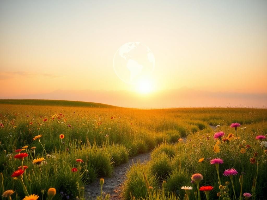Flick International A serene landscape symbolizing peace, with a colorful meadow filled with wildflowers and a soft sunrise in the background.