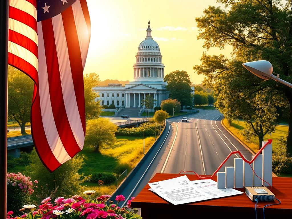 Flick International A vibrant political scene in Peachtree City, Georgia, featuring a large American flag and a government building.