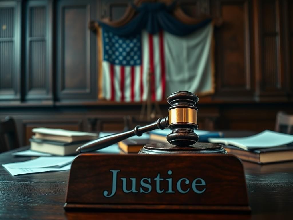 Flick International Dramatic courtroom scene with gavel on judge's bench surrounded by legal documents
