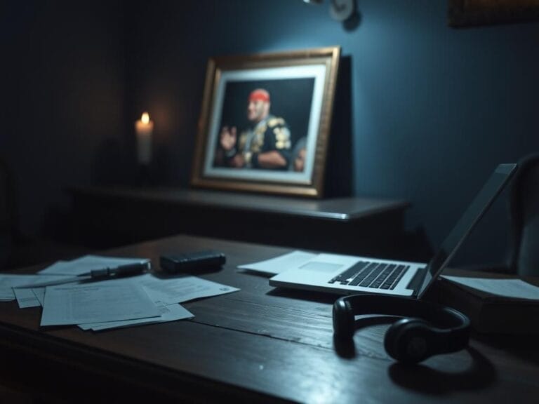 Flick International somber scene with vintage wooden desk and framed photograph of Hulk Hogan