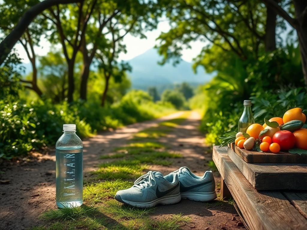 Flick International A serene landscape featuring a pathway surrounded by lush greenery and a pair of worn sneakers next to a water bottle