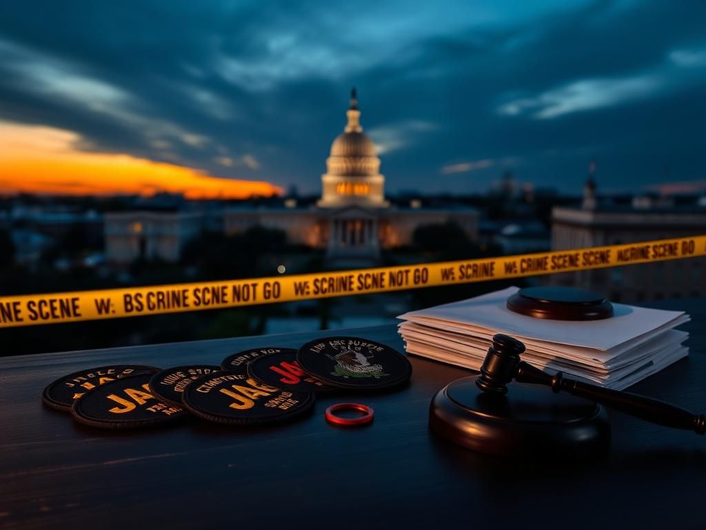 Flick International Dramatic cityscape of Washington, D.C. at dusk with the Capitol building and military insignia patches.