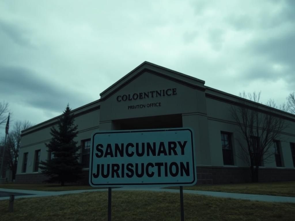 Flick International Exterior view of a Colorado probation office with a 'Sanctuary Jurisdiction' sign