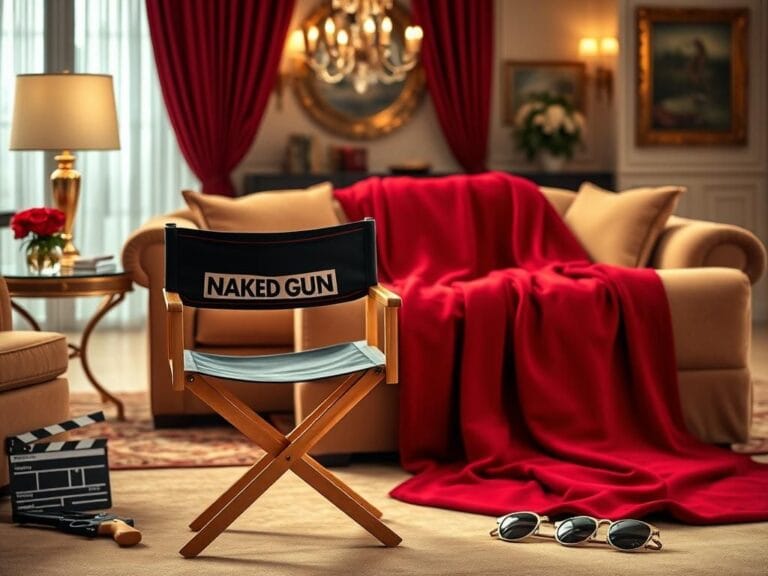 Flick International Stylish film set with empty director's chair labeled 'Naked Gun' in a glamorous living room