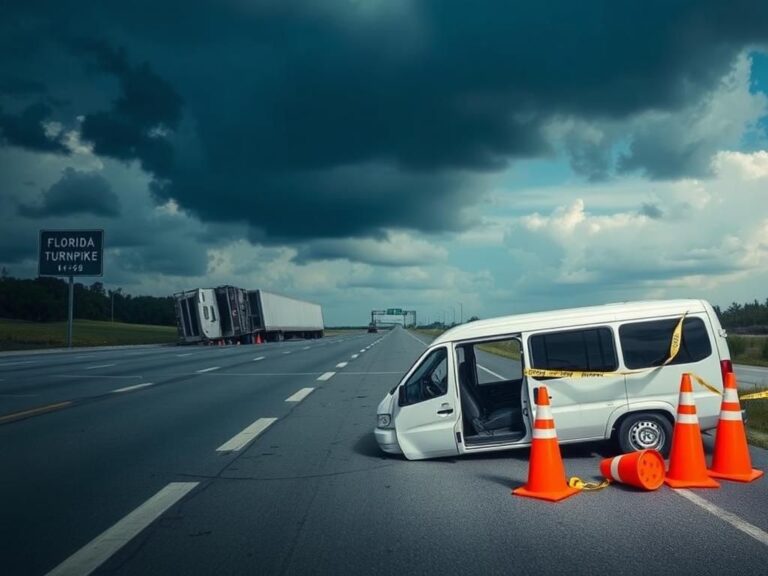 Flick International An overturned semi-truck on the Florida Turnpike surrounded by scattered cargo and caution tape