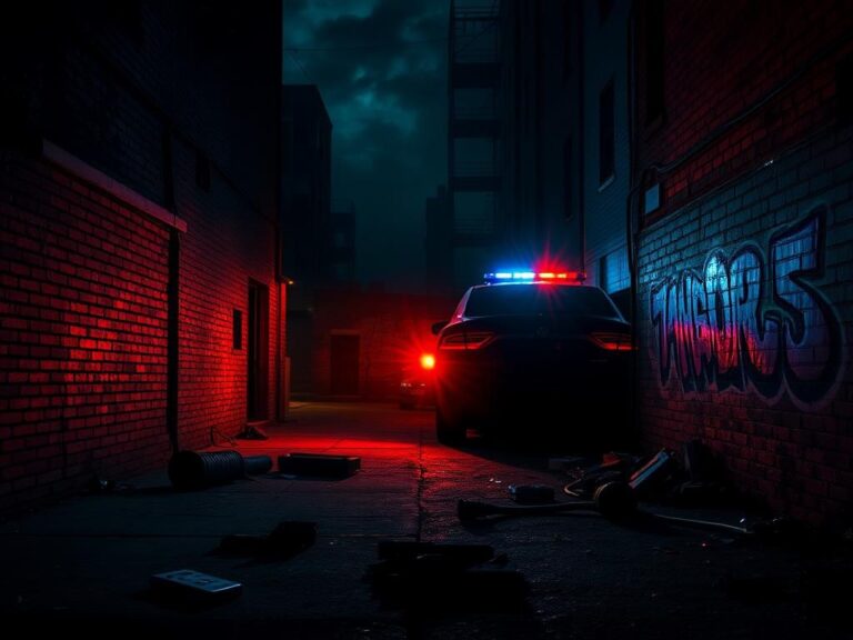 Flick International Police vehicle with flashing lights in a dimly lit urban alley following a tense arrest