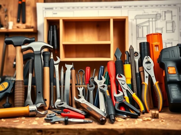 Flick International A collage of hand and power tools arranged on a wooden workbench