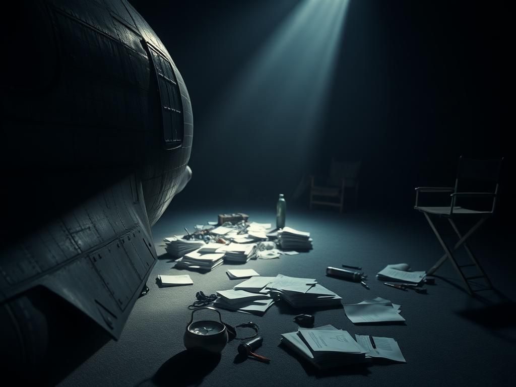 Flick International A dimly lit film set featuring a vintage B-17 bomber, symbolizing exhaustion and struggle.