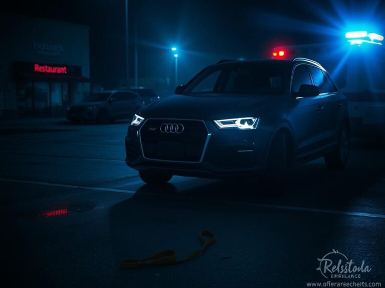 Flick International A dimly lit urban parking lot at night with a shadowy Audi SUV and visible signs of a violent struggle