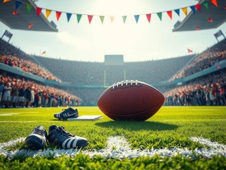 Flick International A solitary football on the 50-yard line surrounded by cleats and a playbook in a vibrant stadium atmosphere.