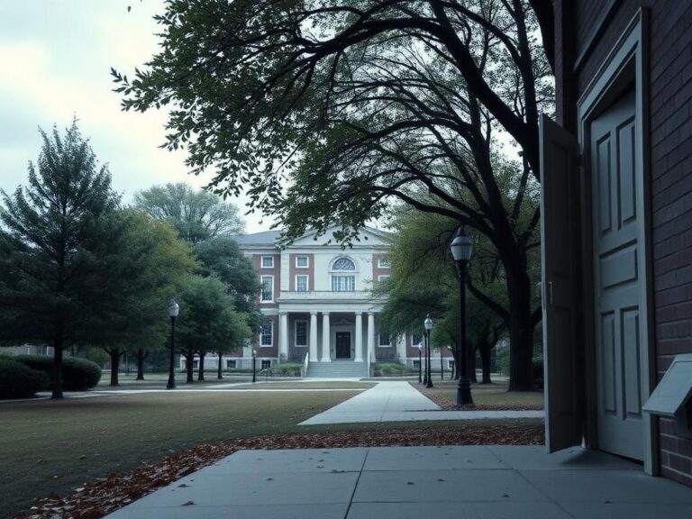 Flick International Serene Villanova University campus with Scarpa Hall and deserted pathway during active shooter alert