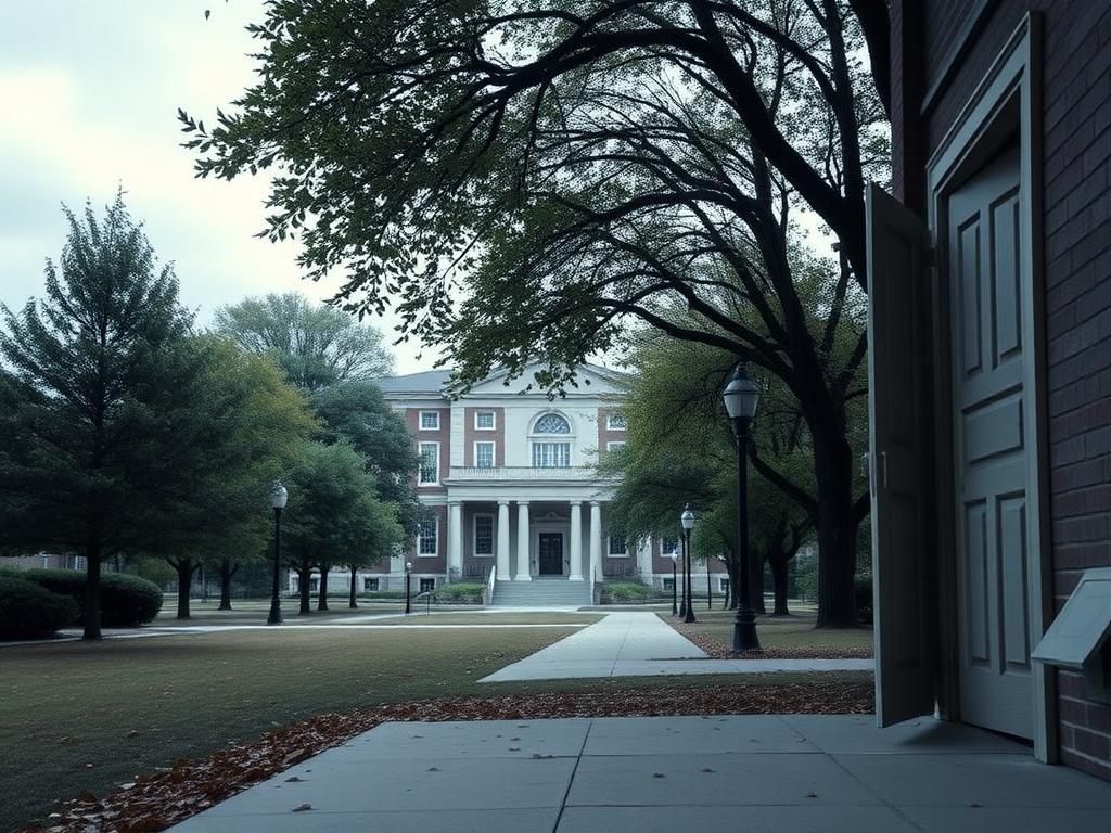 Flick International Serene Villanova University campus with Scarpa Hall and deserted pathway during active shooter alert