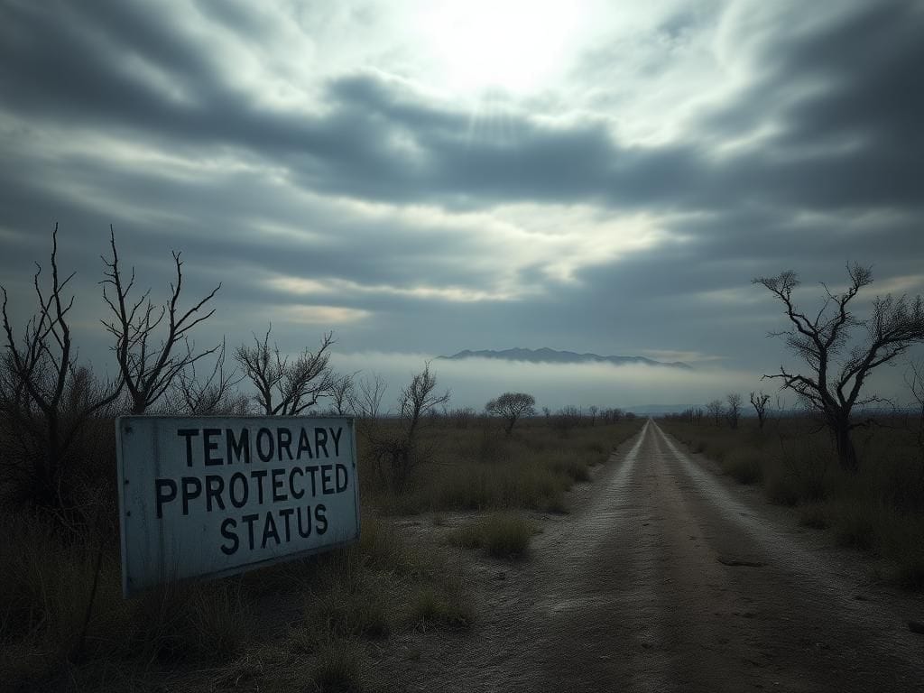 Flick International Desolate landscape with a weathered 'TEMPORARY PROTECTED STATUS' sign symbolizing migrant struggles