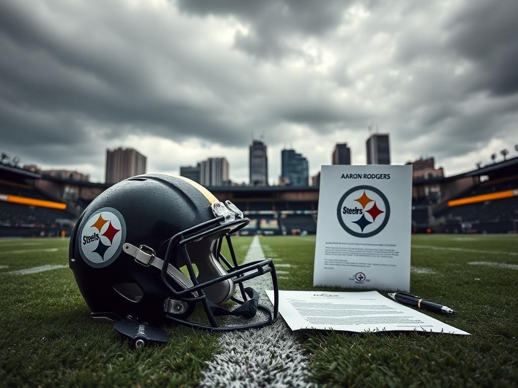 Flick International Empty Pittsburgh Steelers helmet on the field under cloudy skies