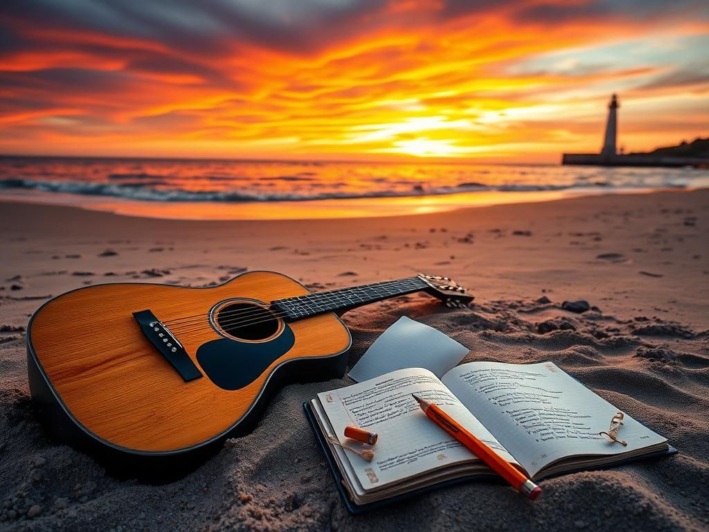 Flick International A serene beach scene at sunset with a vintage acoustic guitar and songwriting materials symbolizing artistic legacy.
