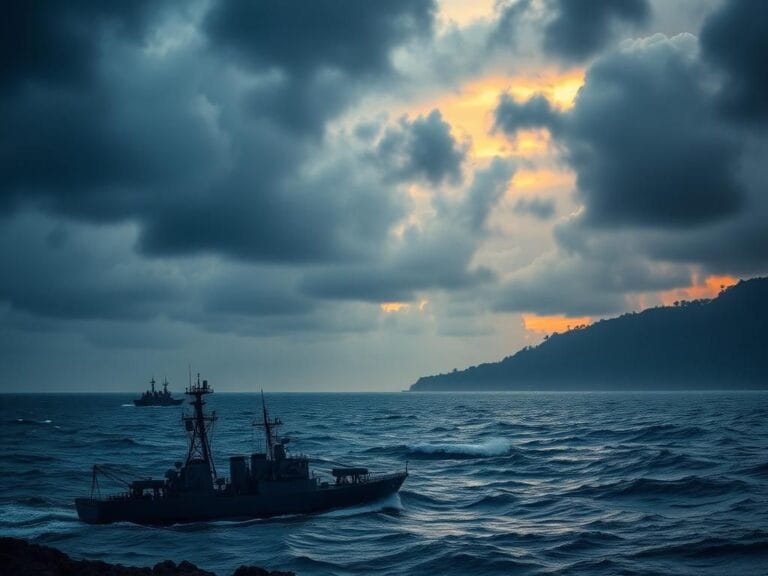 Flick International Silhouettes of naval ships against a dark, stormy Caribbean Sea near Venezuela