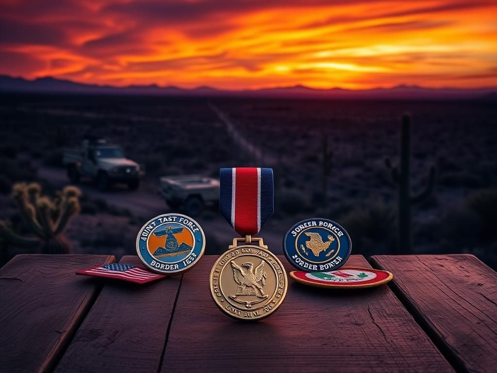 Flick International Dramatic sunset over the southern border landscape with a stylized Mexican Border Defense Medal in the foreground.