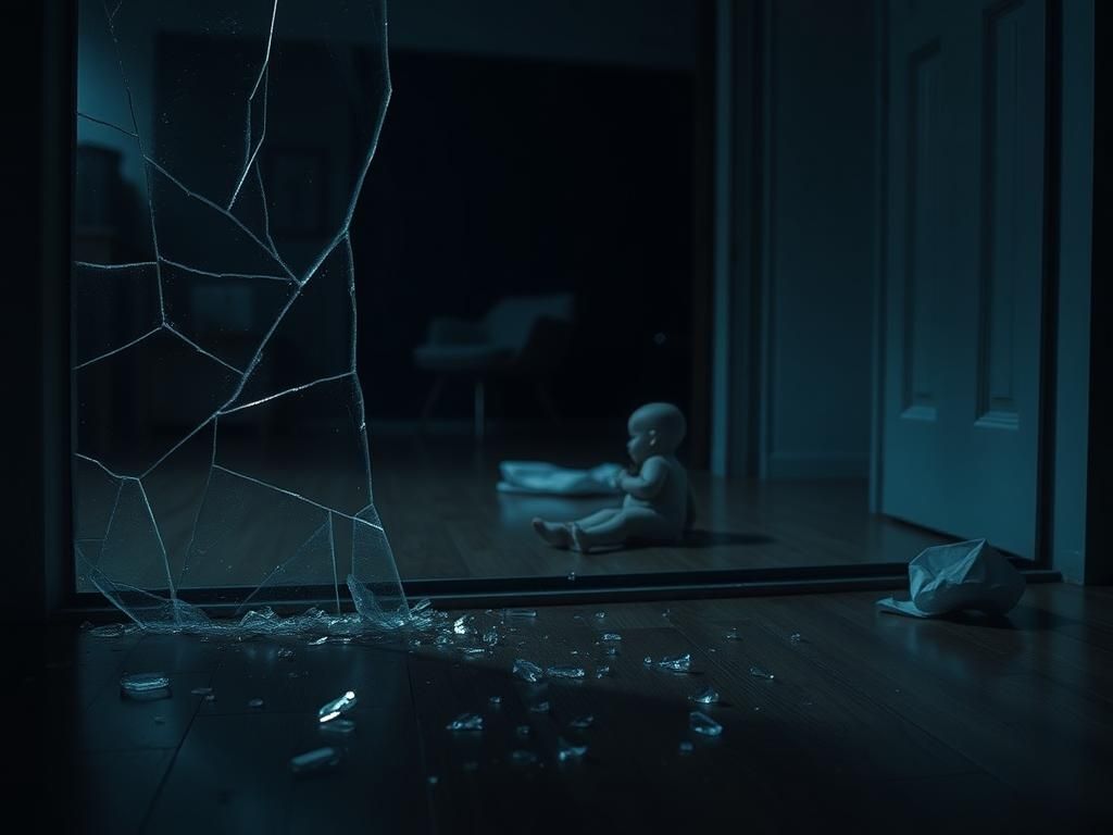 Flick International Shattered glass window on a hardwood floor symbolizing broken trust