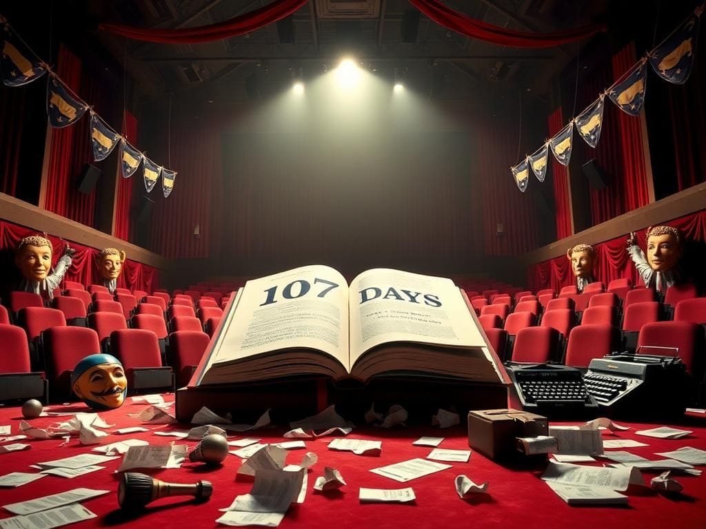 Flick International A surreal display of Kamala Harris' book '107 Days' in a dimly lit auditorium with circus decorations