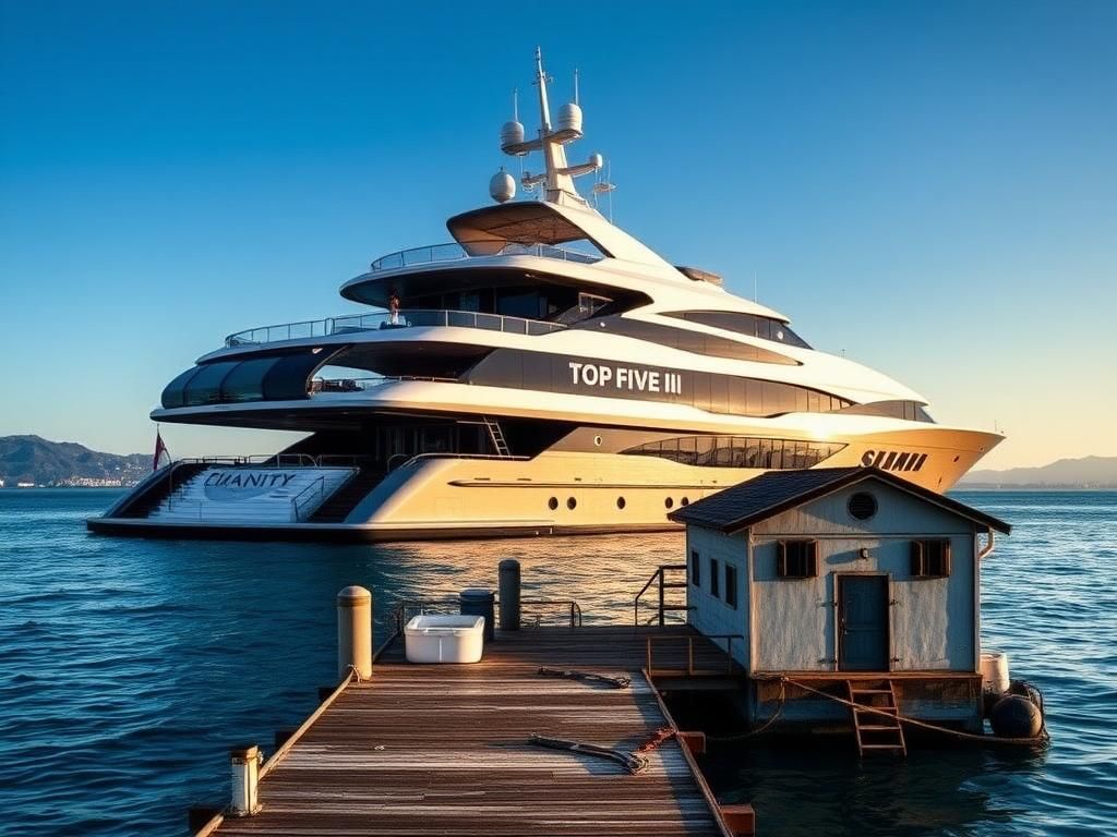Flick International Luxurious yacht 'Top Five II' anchored in calm waters with a clear blue sky