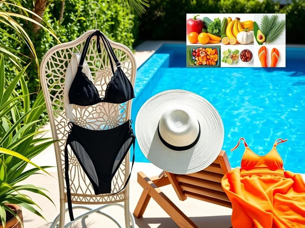 Flick International A stylish black string bikini hanging next to a refreshing blue pool on a sunny day