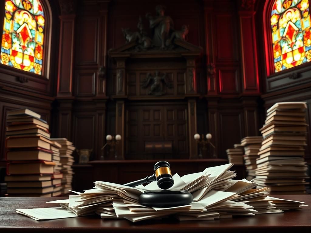 Flick International Dramatic courtroom scene with an empty judge's bench and legal books