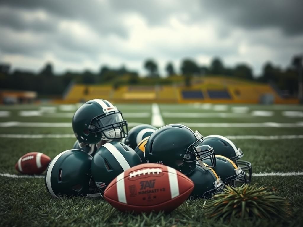 Flick International Piled green and gold football helmets symbolizing teamwork on a practice field