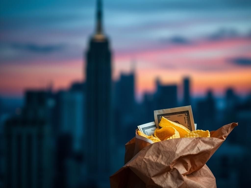 Flick International Close-up of a crumpled brown paper bag of potato chips with cash peeking out against a New York City skyline