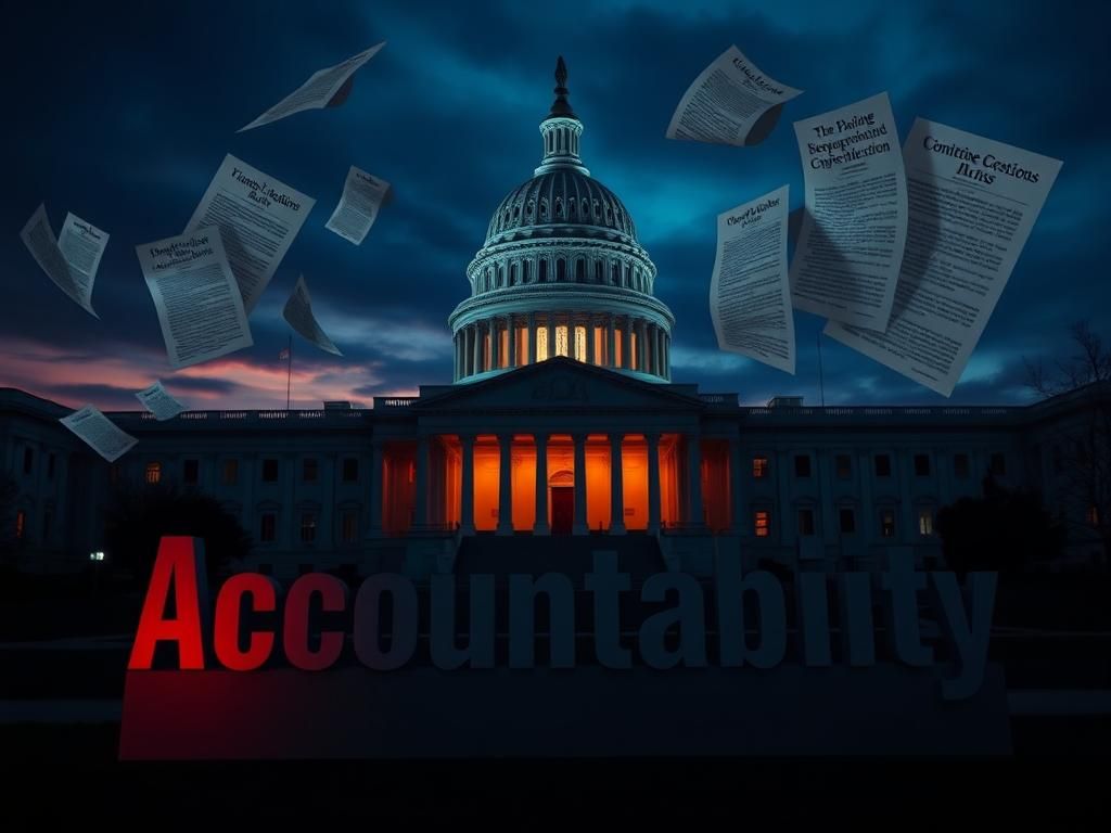 Flick International Empty Capitol building at dusk with illuminated structure and 'Accountability' sign