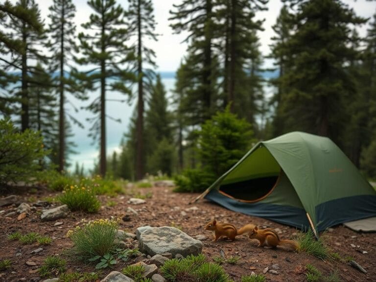 Flick International Close-up view of a rocky campsite in South Lake Tahoe surrounded by pine trees