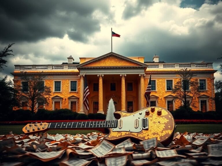 Flick International Stormy scene of the White House with gold leaf decorations and a broken guitar in the foreground symbolizing artistic rebellion