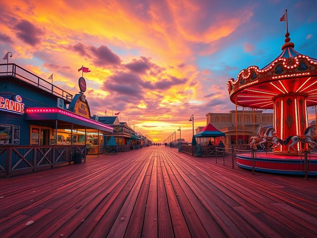 Flick International A vibrant seaside boardwalk scene at dusk with glowing neon signs and beachside attractions