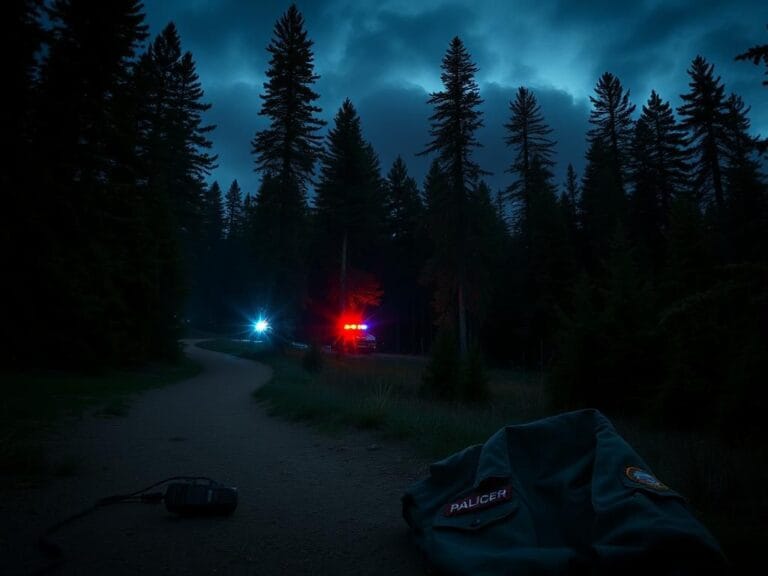 Flick International Ranger's uniform jacket and radio abandoned on a forest trail during a police investigation