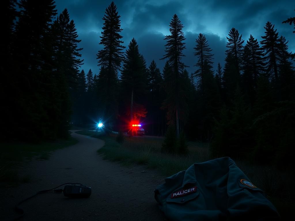 Flick International Ranger's uniform jacket and radio abandoned on a forest trail during a police investigation