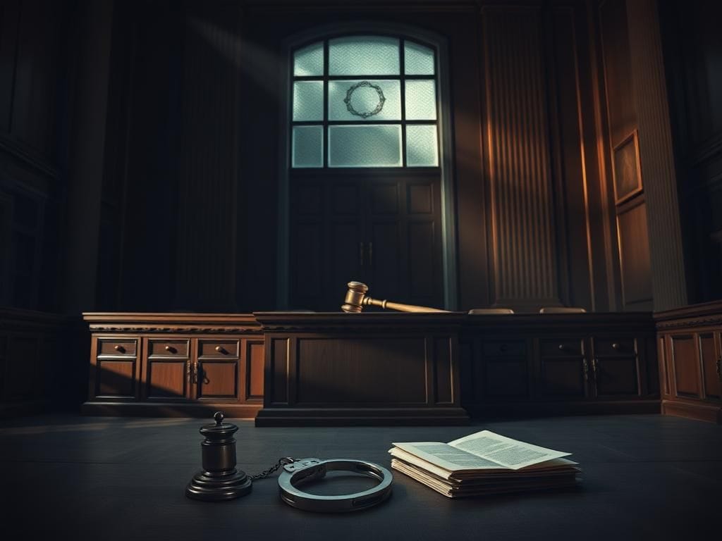 Flick International Dimly lit courtroom interior symbolizing justice in Erik Menendez parole case