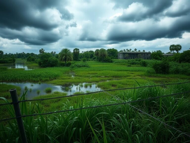 Flick International A tangled mass of lush green vegetation and cypress trees in the Florida Everglades with remnants of a barbed-wire fence symbolizing confinement.