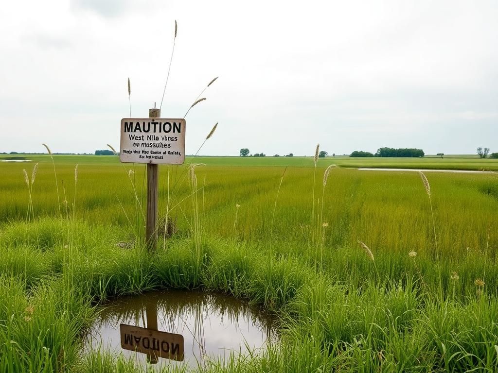 Flick International A serene Kansas field hinting at West Nile virus risks with wildflowers and stagnant water