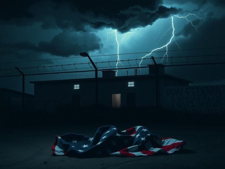Flick International Dark nighttime scene of a federal immigration facility with barbed wire and a crumpled American flag