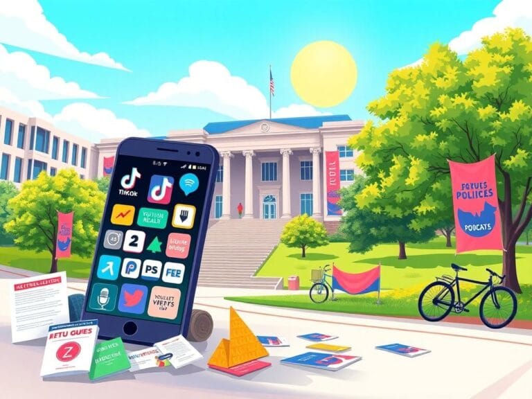 Flick International Vibrant digital illustration of a college campus with political engagement elements for Gen Z