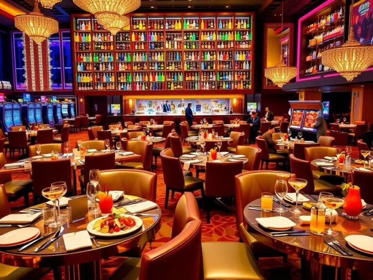 Flick International Elegant dining area in a Las Vegas casino showcasing gourmet dishes and extravagant drinks